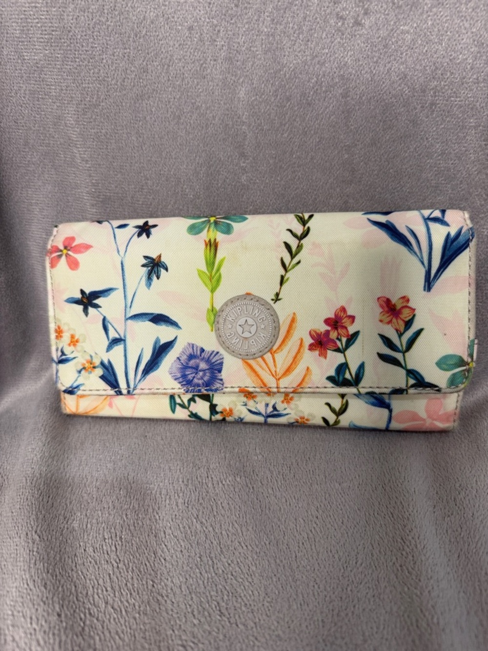 Kipling Floral Wallet - White with Blue, Green, Pink & Orange Accents